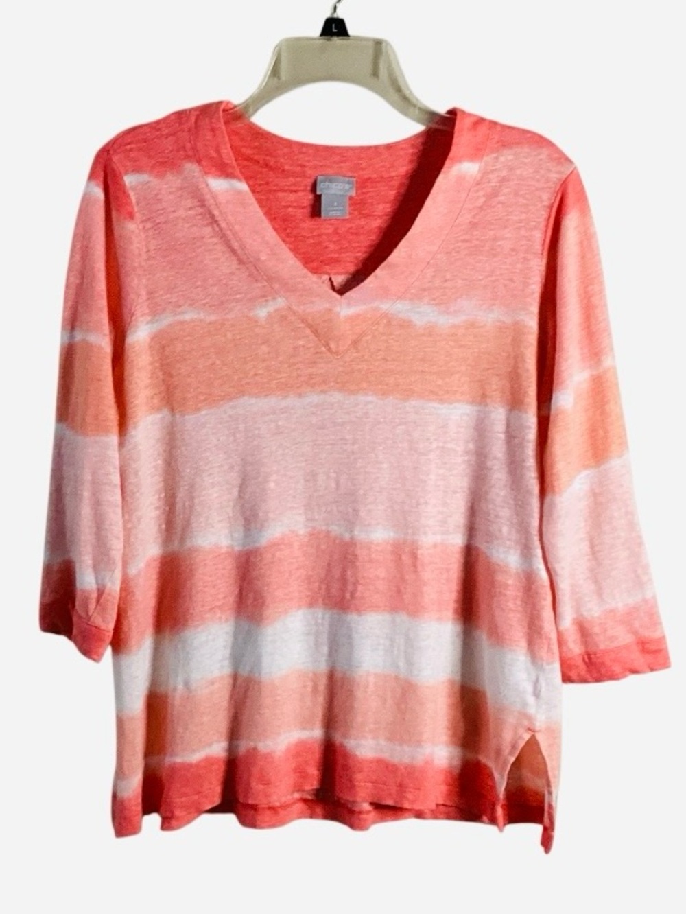 Chico's Linen Ombre Coral and White Striped V-Neck Long Sleeve Top Medium